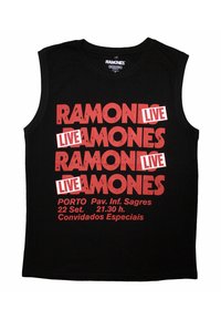 Black sleeveless t-shirt featuring bold red text. Text includes "RAMONES," "LIVE," and event details in white and red. Cotton material.