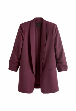 Burgundský blejzer vyrobený z hladkej látky, s klopovým golierom, otvoreným predným dielom a dvoma prednými vreckami, s trojštvrťovými rukávmi.