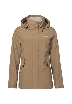 Beige waterproof jacket with a hood, zippered front, two side pockets, and adjustable drawstrings for the hood and hem.