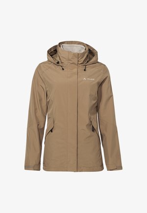 Giacca impermeabile beige con cappuccio, chiusura con zip, due tasche laterali e cordini regolabili per il cappuccio e l'orlo.