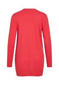 Pull corail à manches longues avec poignets et ourlet côtelés, vu de dos sur un fond blanc.