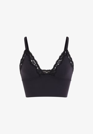 Bralette noire avec fines bretelles réglables et bordure en dentelle le long du décolleté en V profond et des côtés.