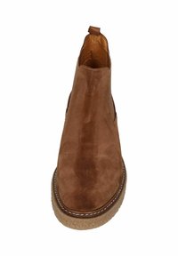 Brown suede ankle boot with a smooth texture, rounded toe, and contrasting light brown sole. Elastic side panels and a pull tab at the back.
