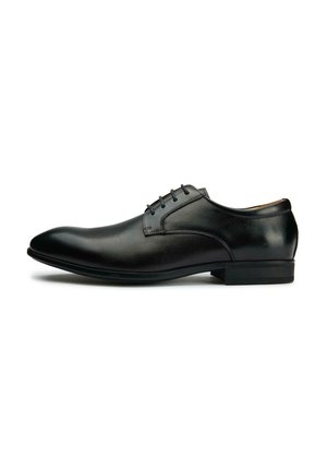 Black leather dress shoe with a rounded toe, five eyelet lace-up design, smooth texture, and a low, rectangular heel.