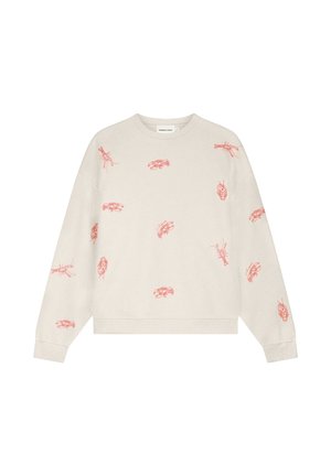 Beige crewneck-trui met verspreide kleine rode kreeftillustraties op de voorkant en mouwen, geribbelde manchetten en zoom.