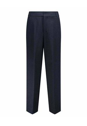 Donker marineblauwe, op maat gemaakte pantalon met riemlussen en rechte pijpen, getoond op een effen witte achtergrond.