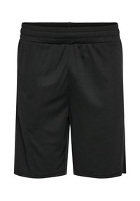 Shorts de sport noirs mi-longs avec ceinture élastique montrés sur fond blanc.