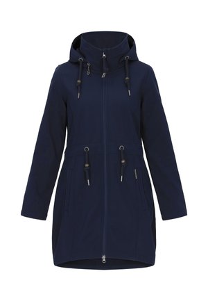 Navy softshell jacket with a zip front, adjustable hood, and cinched waist. Features drawstrings and two side pockets. Smooth, stretchy fabric.