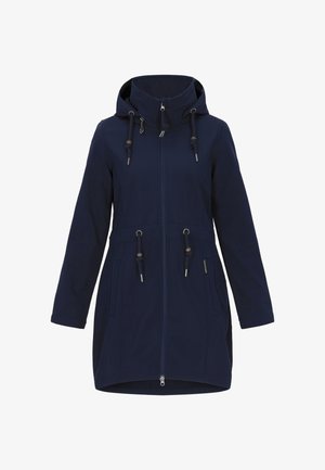 Chaqueta softshell en azul marino con cierre de cremallera en la parte delantera, capucha ajustable y cintura ceñida. Cuenta con cordones y dos bolsillos laterales. Tela suave y elástica.