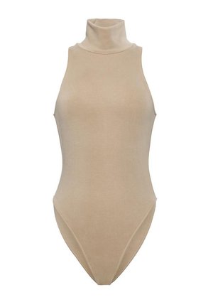 Beżowe body bez rękawów z golfem, z wysokim wycięciem na nogi i dopasowanym, prążkowanym materiałem dzianinowym.