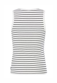 White tank top featuring horizontal black stripes. Made of ribbed fabric with a fitted shape and a round neckline. No visible accents or hardware.