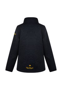 Chaqueta de forro polar de manga larga en azul oscuro con cuello alto y pequeño logo de paraguas amarillo bordado en la parte baja de la espalda y en la manga izquierda.