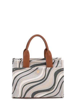 Sac fourre-tout en toile avec motif ondulé noir, gris et blanc, poignées en cuir marron et fermeture à bouton-pression à l'avant.