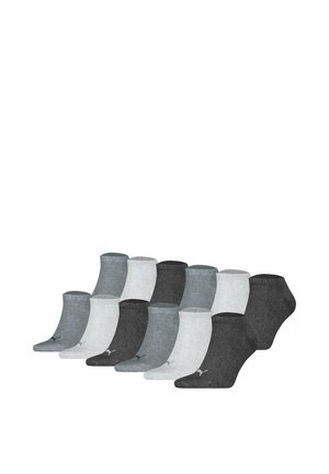 Zwölf Paar Knöchelsocken in Grau-, Weiß- und Schwarztönen, in zwei Reihen auf weißem Hintergrund angeordnet.