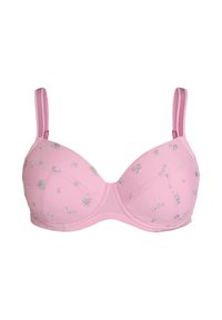 Sujetador rosa acolchado con aros y tirantes finos, decorado con pequeños y delicados patrones florales, presentado sobre un fondo blanco.