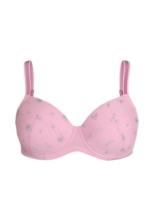 Roosa polsterdatud rinnahoidja raamide ja õhukeste rihmadega, kaunistatud väikeste õrnade lillemustritega, valgel taustal eksponeeritud.