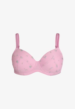 Lyserød polstret bh med bøjle og tynde stropper, dekoreret med små delikate blomsterprint, vist på hvid baggrund.