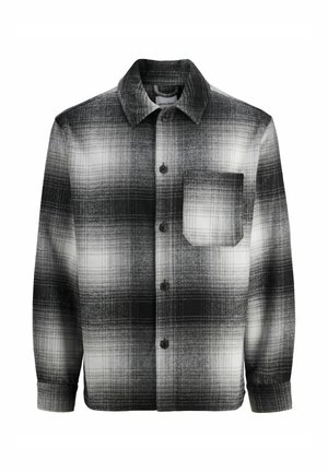 Must mustripiimaga shirt, millel on pikkade varrukatega, krae ja üks rindkere tasku.