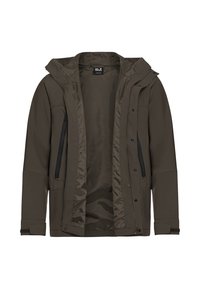 Dunkelolivgrüne wasserdichte Jacke mit Kapuze, ausgestattet mit zwei vorderen Reißverschlusstaschen, einem glatten Innenfutter und verstellbaren Bündchen.