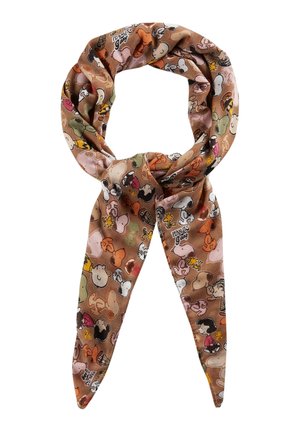 Brown scarf printed with various Peanuts characters including Snoopy, Woodstock, and Charlie Brown in multiple poses and colors.