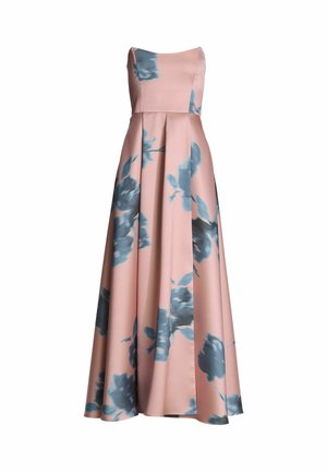 Robe longue en mélange de soie, rose pâle avec imprimé floral bleu sarcelle, bustier sans bretelles, corsage ajusté, jupe évasée avec plis, texture lisse.