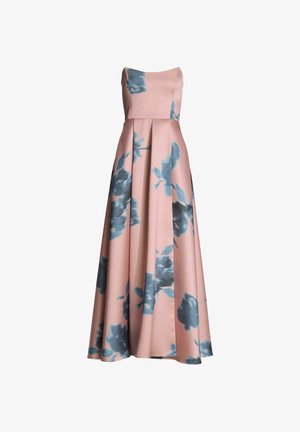 Maxi-kjole i silke-blanding, lyserød med teal blomstermønster, stropfri, tætsiddende krop, udslået nederdel med folder, glat tekstur.