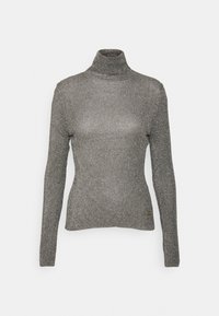 Pull à col roulé côtelé métallisé argenté à manches longues, silhouette ajustée avec un petit logo doré près de l'ourlet.