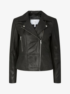 Svart lærmotorsykkeljakke med notched krage, glidelås foran og tre glidelåslommer. Jevn tekstur, tettsittende fasong og minimale hardware-detaler.