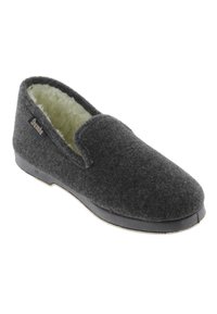 Pantufla gris de felpa con diseño de punta cerrada, suave forro de piel y suela de goma. Presenta un pequeño logo en el lado.