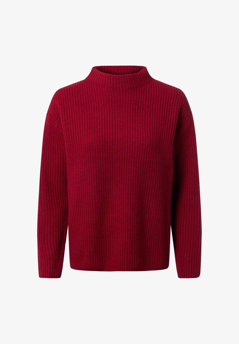 Czerwony sweter z prążkowanego dzianiny z wysokim kołnierzem, długimi rękawami i luźnym krojem. Tekstura jest miękka i grubsza, idealna na codzienne wyjścia.