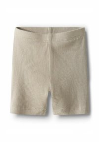 Shorts beiges à côtes avec une texture douce et une taille élastique. Présente un design simple sans motifs ni accents.