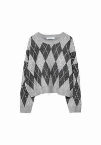 Grauer und schwarzer argyle-strickpullover, cropped design, runder Ausschnitt, gerippter Saum und Bündchen, weiche Textur, mit kontrastierenden Rautenmuster.