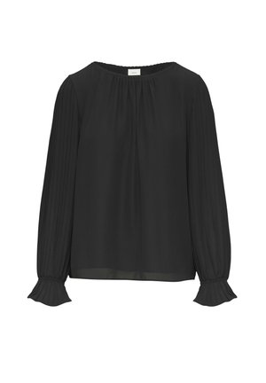 Zwarte blouse met lange, geplooide mouwen. De stof is lichtgewicht en heeft een ronde halslijn en gerimpelde manchetten voor een extra detail.