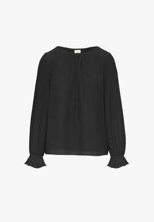 Zwarte blouse met lange, geplooide mouwen. De stof is lichtgewicht en heeft een ronde halslijn en gerimpelde manchetten voor een extra detail.