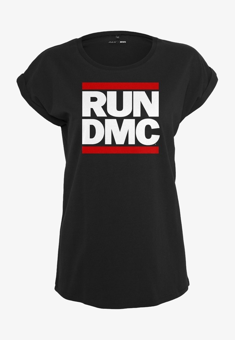 Black cotton t-shirt with short rolled sleeves featuring a white "RUN DMC" logo in a bold font, flanked by red horizontal stripes.