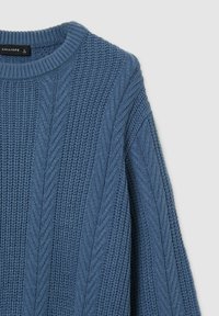 Maglione lavorato a maglia di un blu morbido, caratterizzato da un design a coste testurizzato con motivi di maglia a treccia. Collo rotondo e maniche ampie. Etichetta di taglia L visibile.