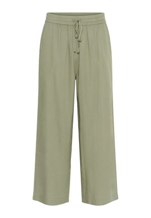 Pantalons larges de couleur vert clair avec une taille élastique et un cordon de serrage. Fabriqués en tissu doux et léger avec une texture lisse.