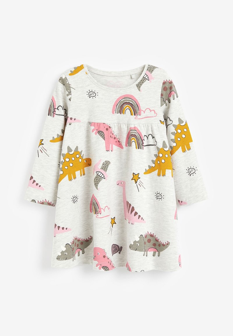 Světle šedé šaty s barevnými vzory dinosaurů, duhy a oblaků. Dlouhé rukávy, měkká tkanina a A-silhouette.