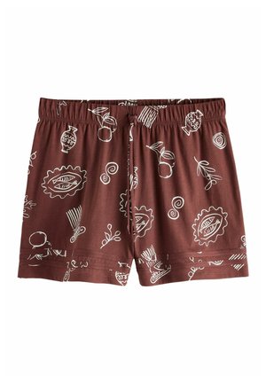 Bruine shorts met een elastische taille en witte abstracte patronen, waaronder bladeren, vazen, fruit en spiralen, met een trekkoord aan de voorkant.