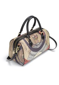 Handväska med ett texturerat tygdesign som liknar sedlar, svarta läderhandtag och detaljer, dubbel dragkedjestängning och avtagbar rem.