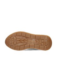 Sole in gomma di colore beige con schemi esagonali e a zigzag testurizzati, caratterizzata da profonde scanalature per una migliore aderenza e stabilità.