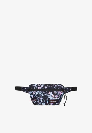 Svart midjeväska med ett färgglatt abstrakt mönster i rosa och blå nyanser, utrustad med dragkedja och justerbar rem.