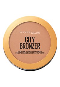 Maybelline City Bronzer, rund kompakt med ett slätt ljusbrunt puder. Guldcirkeln omger produktnamnet i fet svart text.