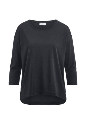Schwarzes, leichtes Oberteil mit 3/4-Ärmeln, rundem Ausschnitt und abgerundetem Saum. Weicher Stoff mit glatter Textur und ohne sichtbare Muster oder Akzente.