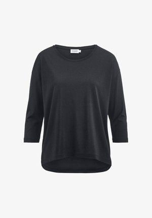 Schwarzes, leichtes Oberteil mit 3/4-Ärmeln, rundem Ausschnitt und abgerundetem Saum. Weicher Stoff mit glatter Textur und ohne sichtbare Muster oder Akzente.