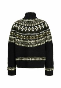 Schwarzer Wollpullover mit hohem Kragen, Fair-Isle-Muster in Weiß, Olivgrün und Schwarz an Schulterpartie, Bündchen und Saum.