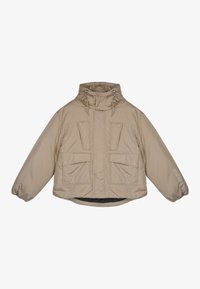 Beige pufjacke med hette, to store frontlommer, elastiske mansjetter og snorer ved halsen. Myk tekstur, oversized passform.