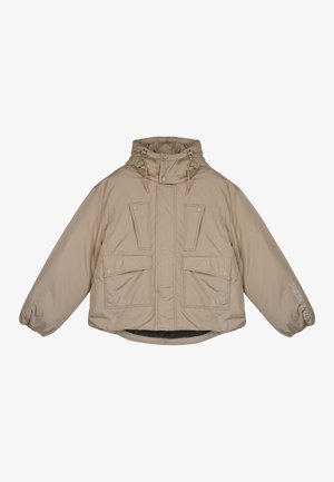 Beige puffer jacket with a hood, two large front pockets, elastic cuffs, and drawstrings at the neck. Soft texture, oversized fit.