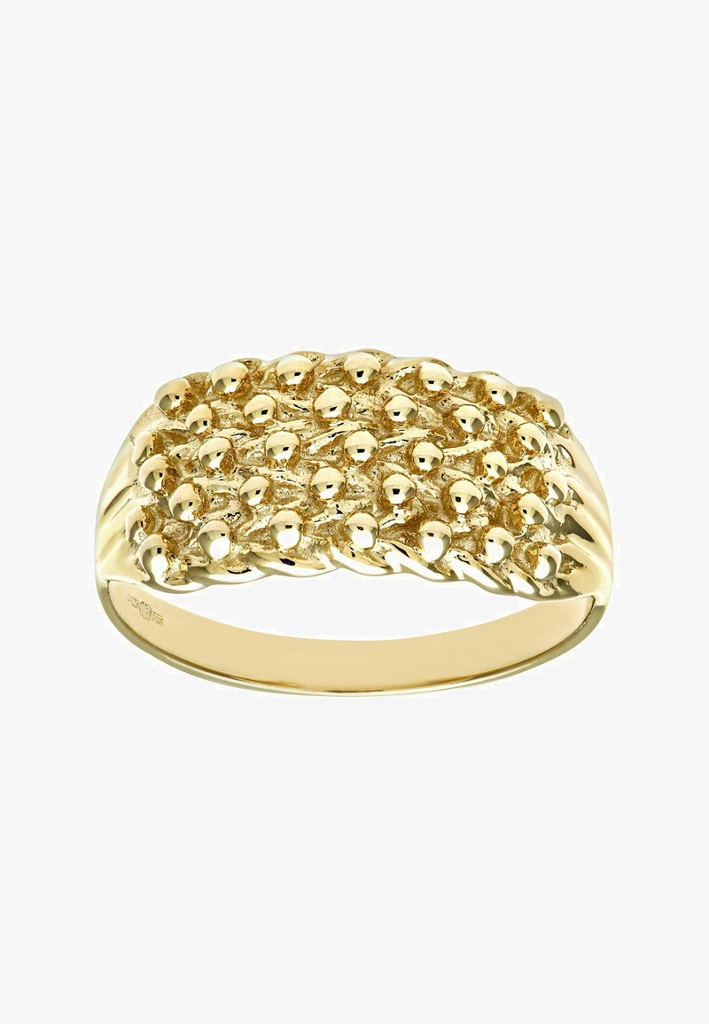 Zlat prstan z teksturirano površino, ki ima zaobljene, krogličaste poudarke. Pas ima rahlo zvit dizajn. Sijajna površina.