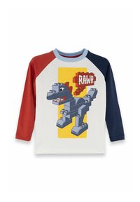 Langærmet børneskjorte med røde og navy raglanærmer, prydet med en grå blokformet dinosaur og en rød taleboble med teksten "RAWR" på en gul baggrund.